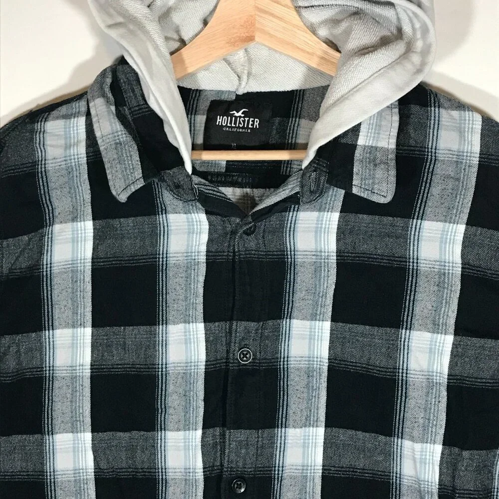 Hollister Men's XL Black Plaid Long Sleeve Button Up Hoodie Flannel Shirt - Picture 3 of 11
